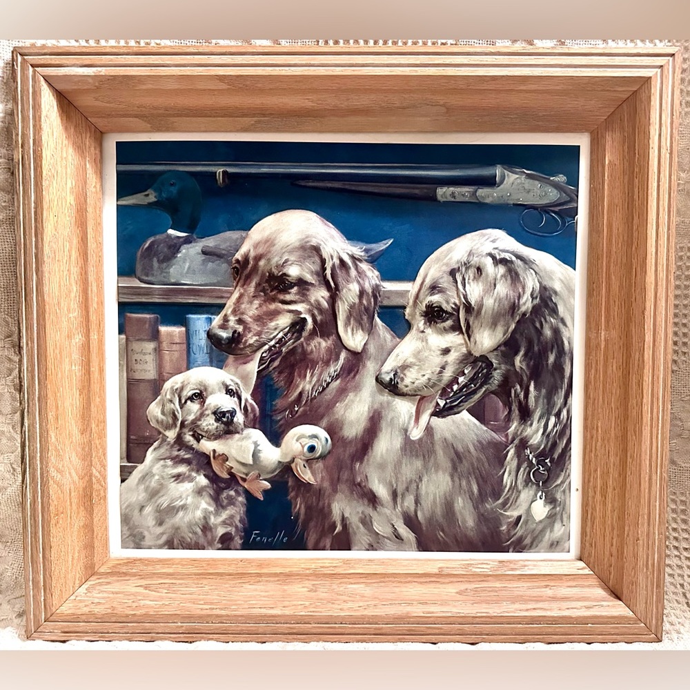 Vtg Fenelle 3D Print Hunting Dogs Plastic Relief Framed by Brown & Bigelow